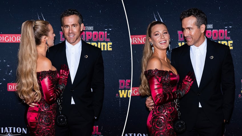 Blake Lively in a red printed jumpsuit looks at husband Ryan Reynolds with her back turned to the camera split Blake Lively laughs/smiles for the camera as Ryan Reynolds looks away