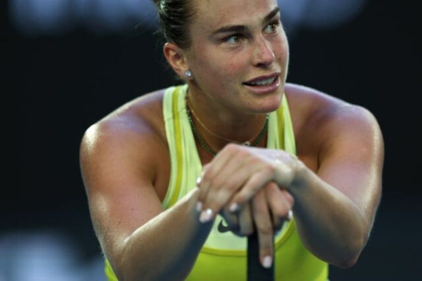 Aryna Sabalenka reacts after a point against Sloane Stephens on Rod Laver Arena