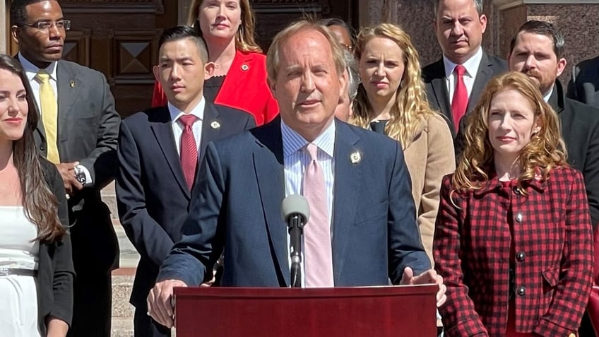 Texas Attorney General Ken Paxton speaks at an event outside the Texas Statehouse, on Feb. 28, 2022 in Austin, Texas. 