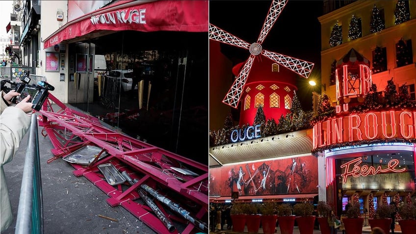 A split of the Moulin Rouge's windmill before and after the sails fell