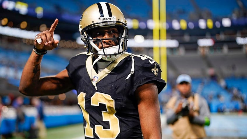 saints michael thomas panthers derrick brown seen getting into heated altercation after game