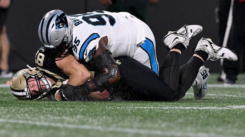 saints michael thomas panthers derrick brown seen getting into heated altercation after game