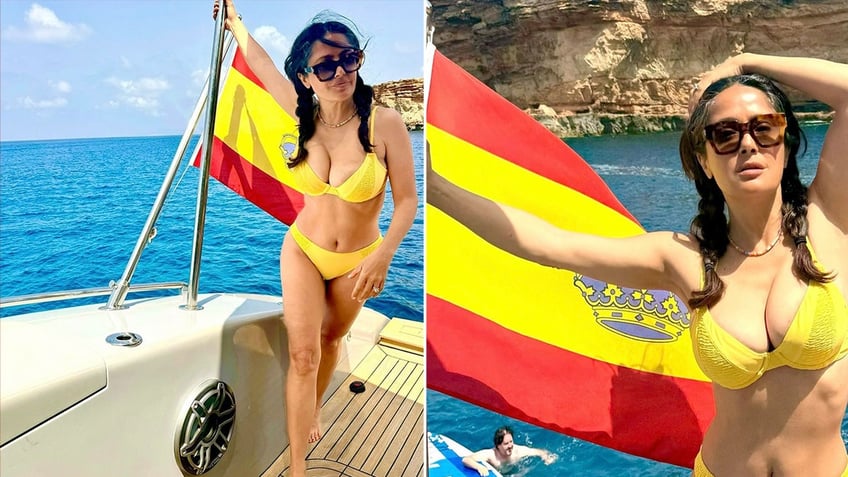 Salma Hayek wearing a bright yellow bikini on a boat