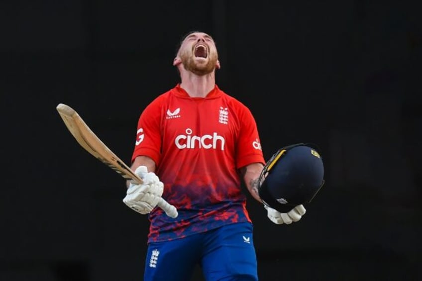 Phil Salt of England celebrates his century during the 4th T20I between the West Indies and England at Brian Lara Cricket Academy Stadium in Tarouba, Trinidad and Tobago on Tuesday.