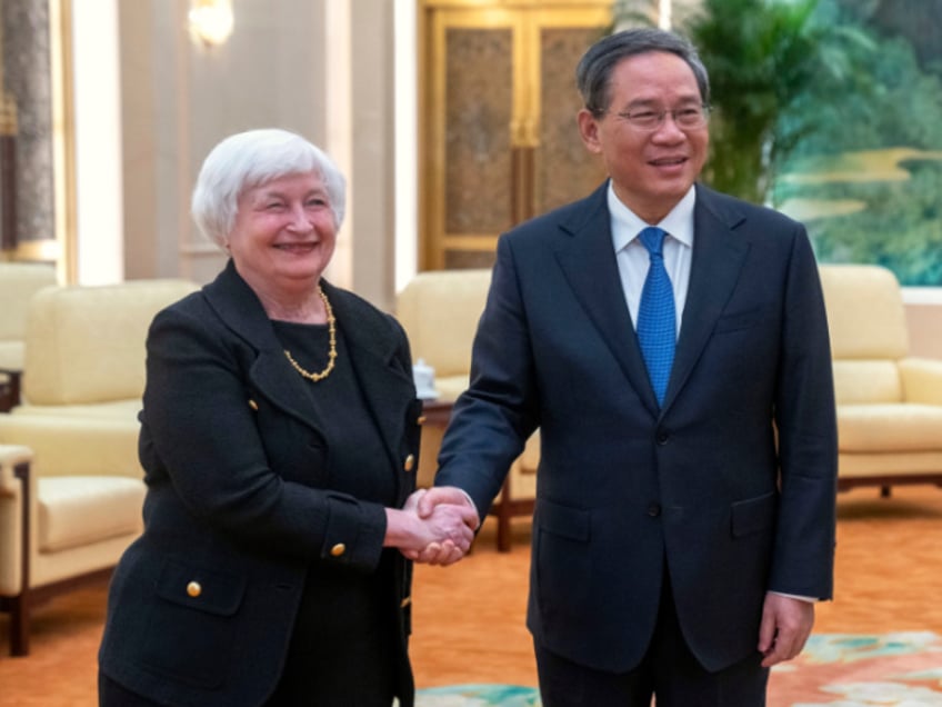 China - Chinese Premier Li Qiang, right, shakes hands with Treasury Secretary Janet Yellen, left, during a meeting at the Great Hall of the People in Beijing, China, Friday, July 7, 2023. (AP Photo/Mark Schiefelbein, Pool)