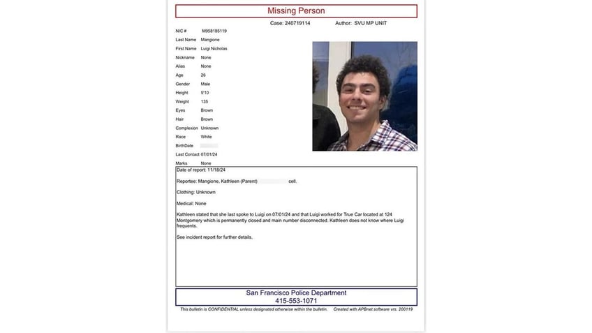 Missing Person flyer seeking information on Luigi Mangione in San Francisco