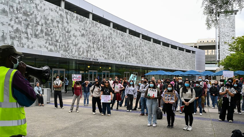 Students at San Jose State University (SJSU) are gathered at University's Student Union Patio, to protest Israeli attacks on Gaza, in San Jose, California, United States on April 24, 2024.