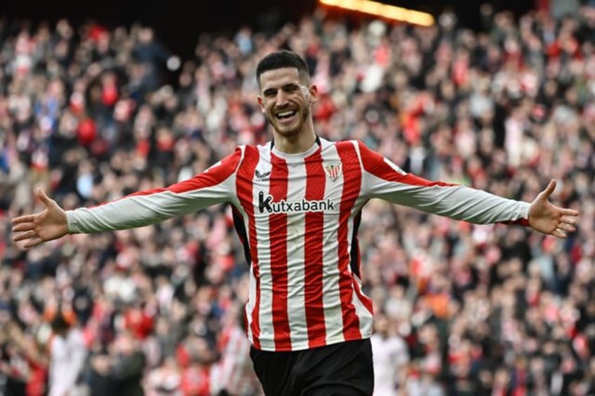 Athletic Bilbao's Spanish midfielder Oihan Sancet celebrates scoring his team's second goa