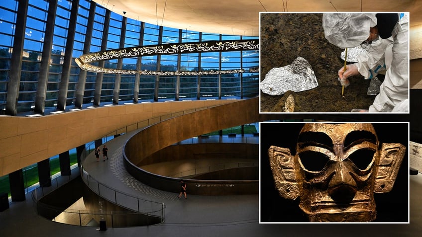 A photo of the interior of the Sanxingdui Museum in background, with a smaller picture of an archaeologist on site and a gold mask on right side