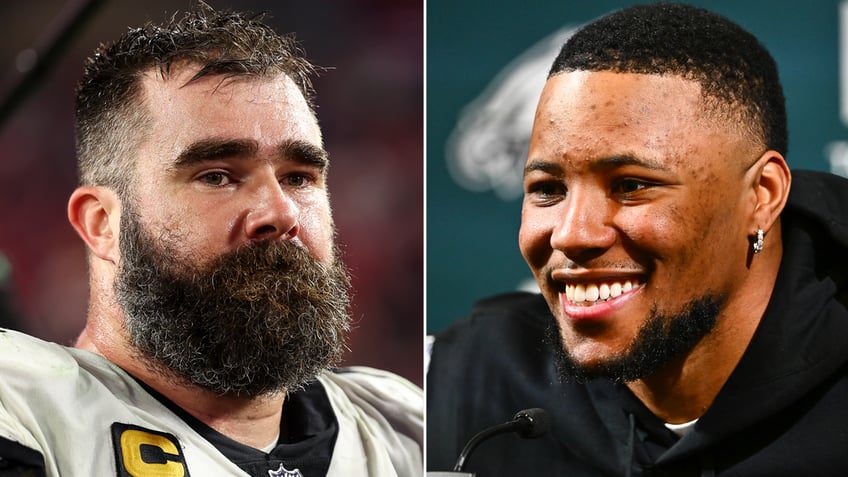 Jason Kelce and Saquon Barkley side by side