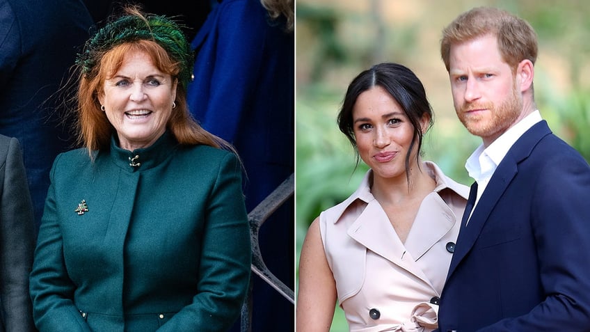 A split image of Sarah Ferguson and Meghan Markle and Prince Harry