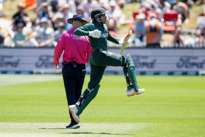 Soumya Sarkar celebrates his century for Bangladesh on Wednesday in Nelson during the second one-day international against New Zealand