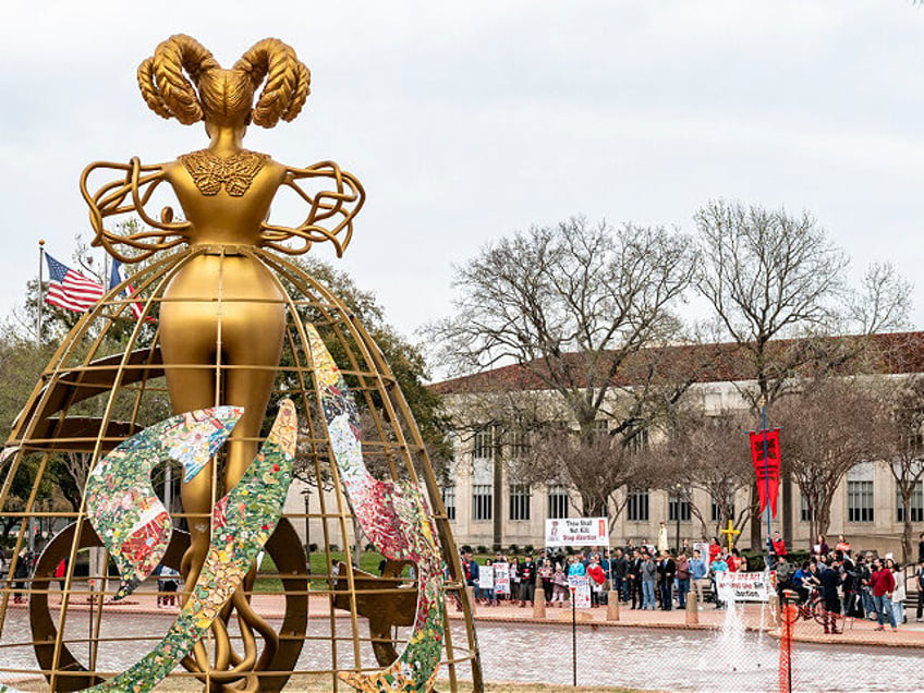 HOUSTON, TEXAS - FEBRUARY 28: A controversial statue is visible in the foreground as pro-l