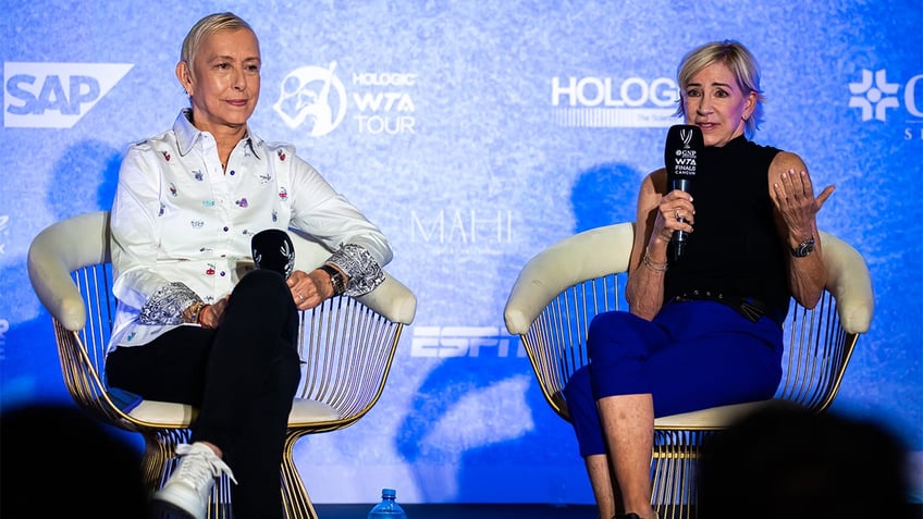 Martina Navratilova and Chris Evert talk to the media