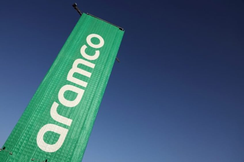 A banner bearing the Aramco logo