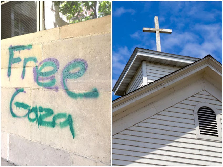 The words 'Free Gaza' are viewed on a campus building near a pro-Palestinian enc