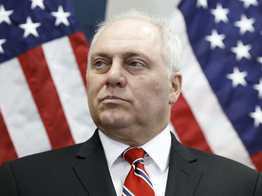 U.S. House Majority Leader Rep. Steve Scalise (R-LA) listens during a press conference following a House Republican Conference meeting at the U.S. Capitol Building on July 18, 2023 in Washington, DC. Former U.S. President Donald Trump announced that he is a target in Special Counsel Jack Smith's investigation into the …