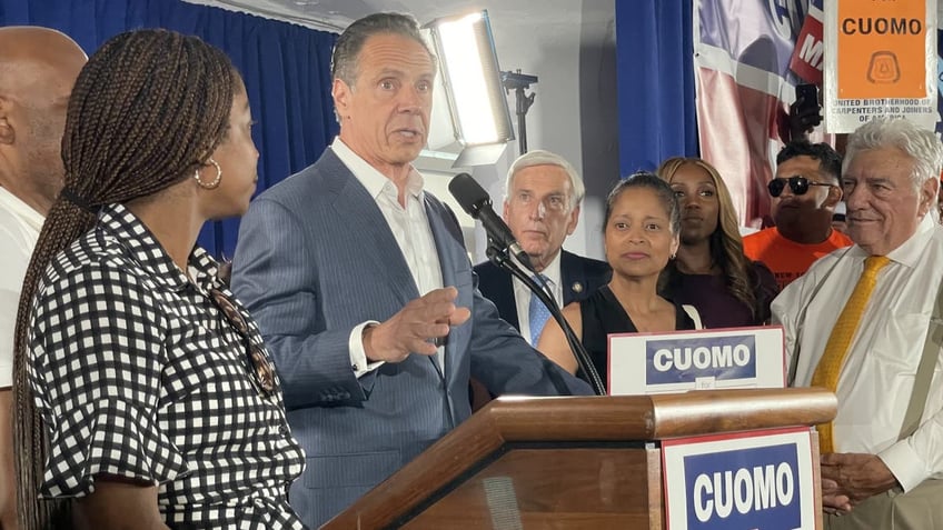 Former New York Gov. Andrew Cuomo, the frontrunner in the race for the New York City Democratic Party mayoral primary, speaks to a large crowd of union supporters on June 23, 2025.