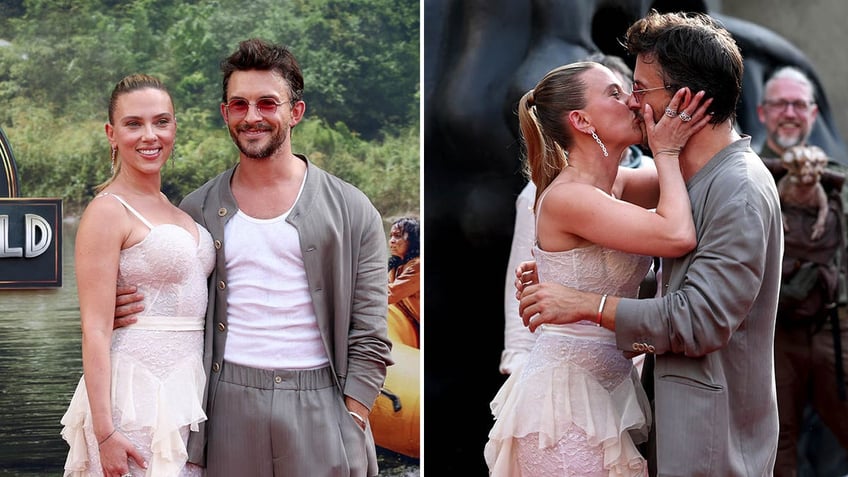 Scarlett Johansson posing with Jonathan Bailey/Scarlett kissing Jonathan at premiere 