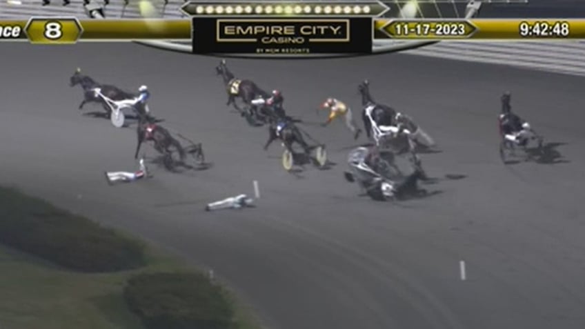 scary crash video shows harness racers horses catapulted into air