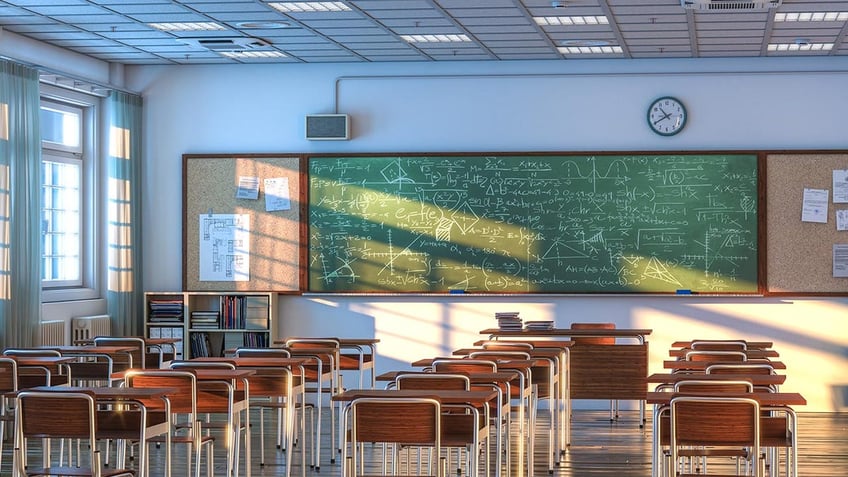 empty classroom with desks, writing on blackboard