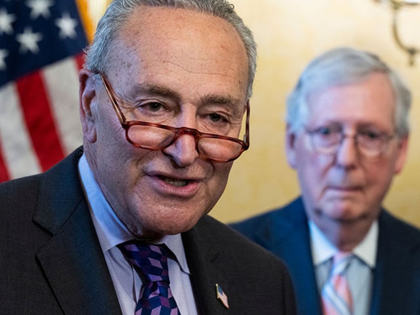 UNITED STATES - JUNE 8: Senate Majority Leader Charles Schumer, D-N.Y., left, and Senate Minority Leader Mitch McConnell, R-Ky., attend a ceremony for former Sen. Barbara Mikulski, D-Md., to name rooms on the Senate side of the U.S. Capitol after her and Margaret Chase Smith, R-Me., on Wednesday, June 8, …