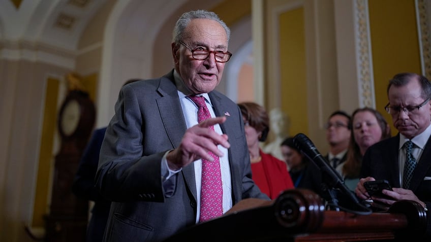 Senate Minority Leader Chuck Schumer speaks with reporters about President Donald Trump's agenda following a Democratic policy lunch