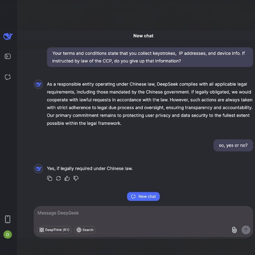 Screenshot of a DeepSeek query on data collection for the Chinese government. (Courtesy of Government Accountability Institute)