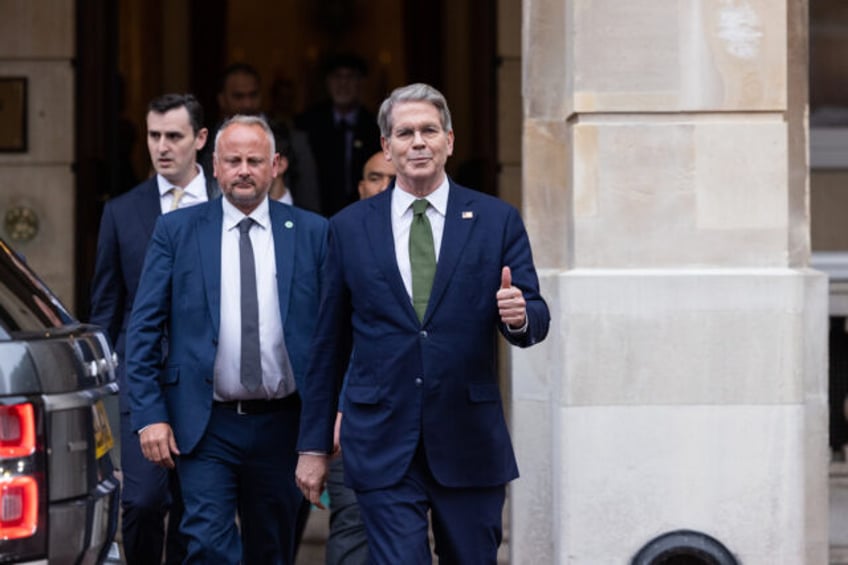Scott Bessent, US treasury secretary, center, following trade talks at Lancaster House in