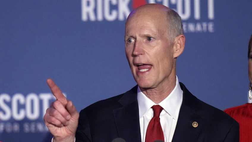 Sen. Rick Scott, R-Fla., speaks at a campaign watch party on election night, Nov. 5, 2024, in Bonita Springs, Fla.