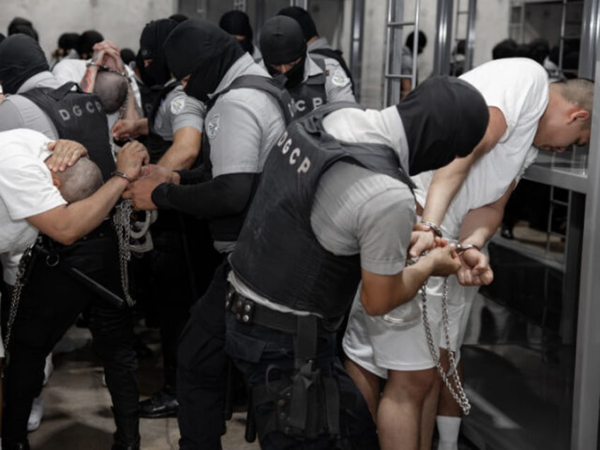 n this handout photo provided by the Salvadoran government, Guards remove the handcuffs fr