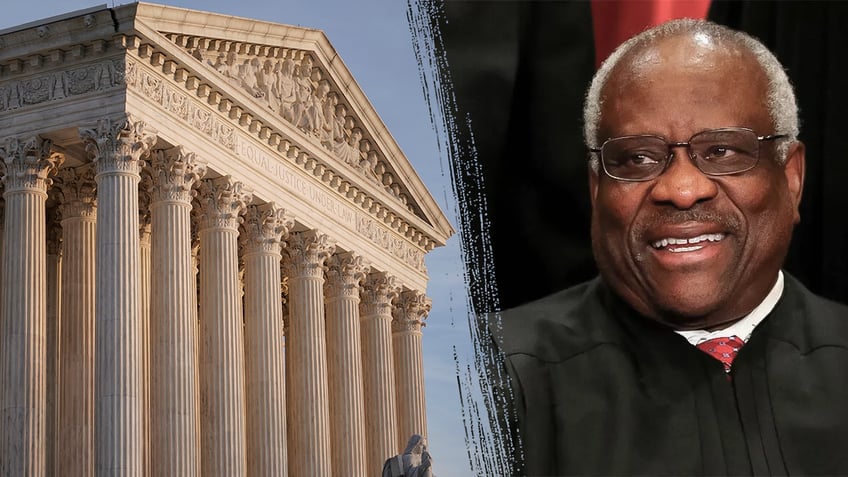 Supreme Court bldg, left; Clarence Thomas, right