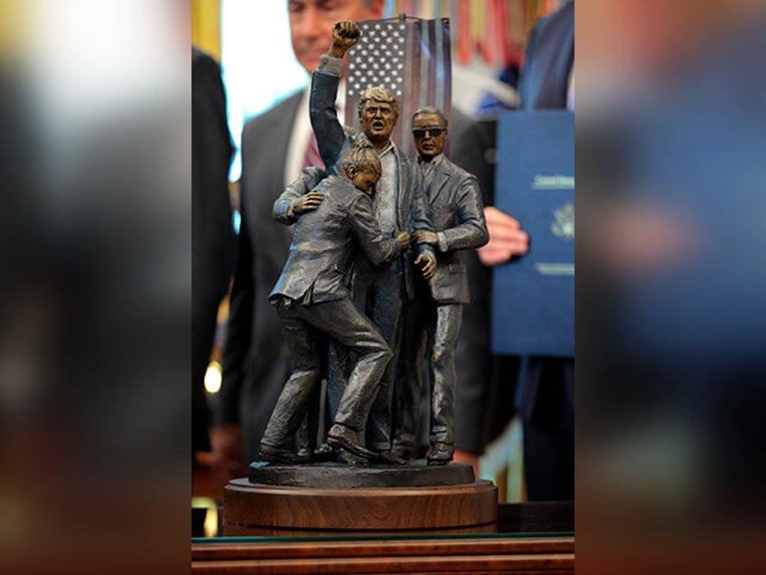 A statue of U.S. President Donald Trump modeled after the 2024 attempted assassination on