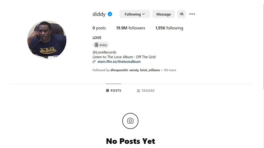 diddys instagram account with no posts 