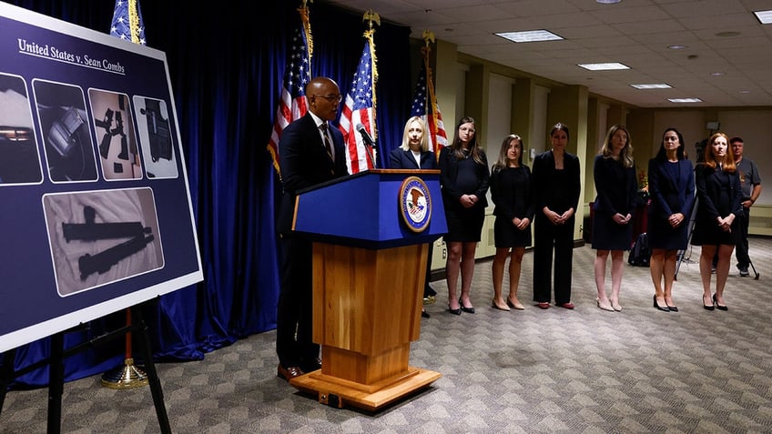 Damian Williams speaks at a press conference to announce the unsealing of an indictment charging music mogul Sean "Diddy" Combs