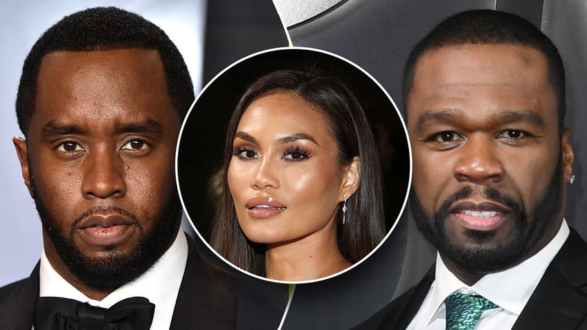 Sean Diddy Combs in a classic black suit and tie split Curtis 50 Cent Jackson in a black suit and green patterned tie inset a picture of Daphne Joy