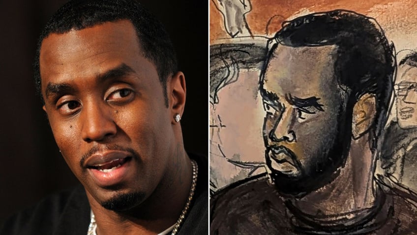 A close up of Diddy next to a courtroom sketch