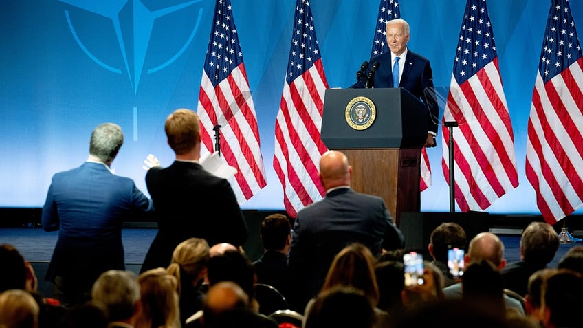 President Joe Biden at a news conference during the NATO Summit in Washington, DC, US, on Thursday, July 11, 2024. President Joe Biden and NATO's 31 other leaders had hoped their summit would celebrate fresh unity against Russia's Vladimir Putin, send a warning to China and prove the alliance is as strong as ever in its 75th year, but the three days of pageantry will be overshadowed by domestic turmoil across the alliance. Photographer: Graeme Sloan/Bloomberg via Getty Images