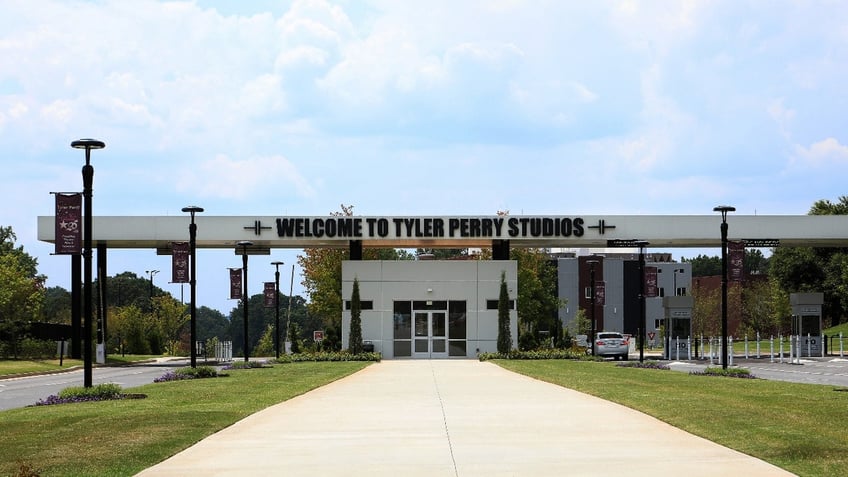 'Welcome To Tyler Perry Studios' signage outside Tyler Perry Studios in Atlanta, Georgia on July 27, 2019.