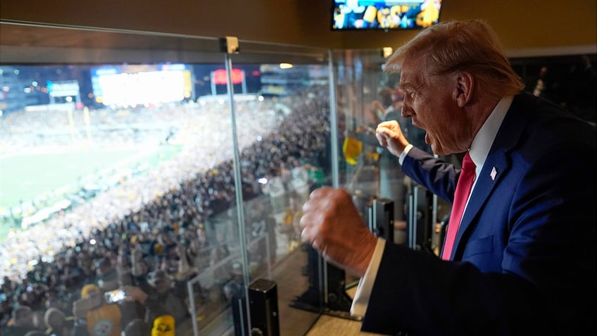 Former president Donald Trump attends a game between the NFL Pittsburgh Steelers and the New York Jets in Latrobe, Pennsylvania.