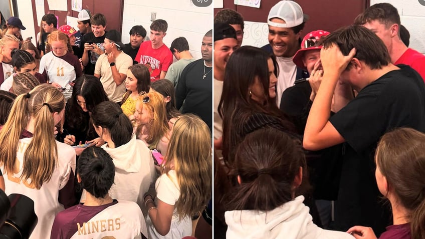 Side by side photos of Selena Gomez signing autographs for the Telluride High School volleyball team