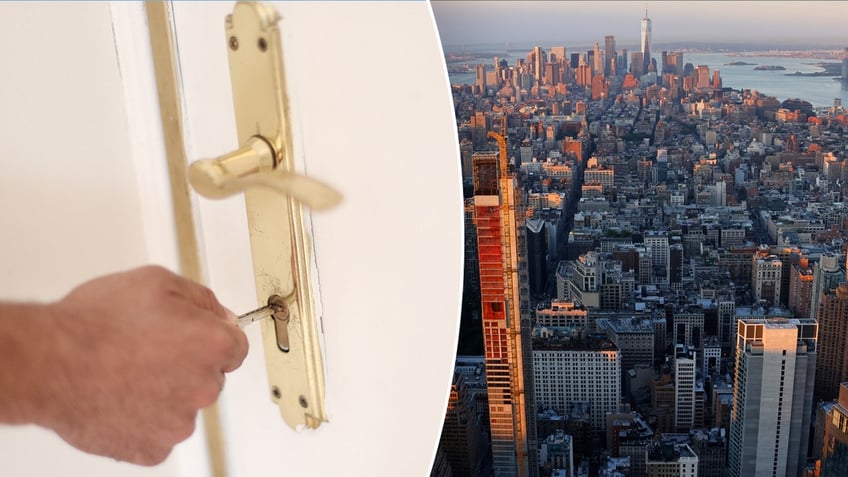 A person locking door, and a view of New York City from the Empire State Building