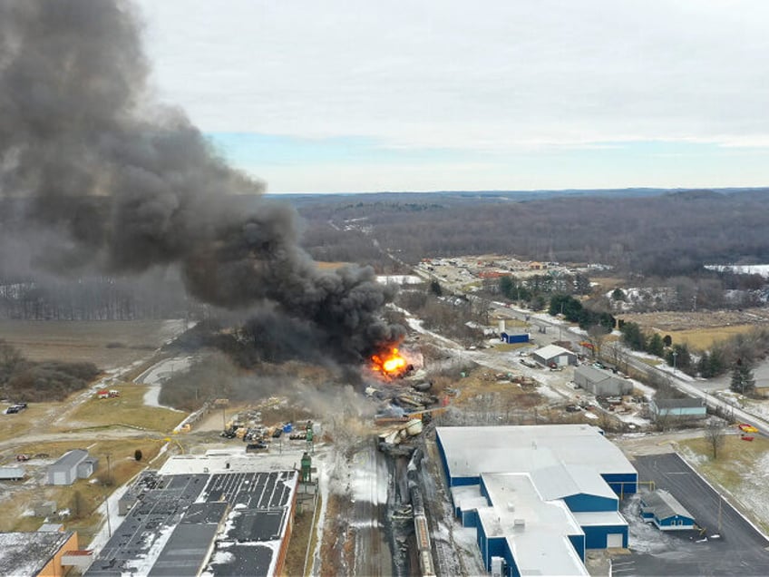 This photo taken with a drone shows portions of a Norfolk Southern freight train that dera