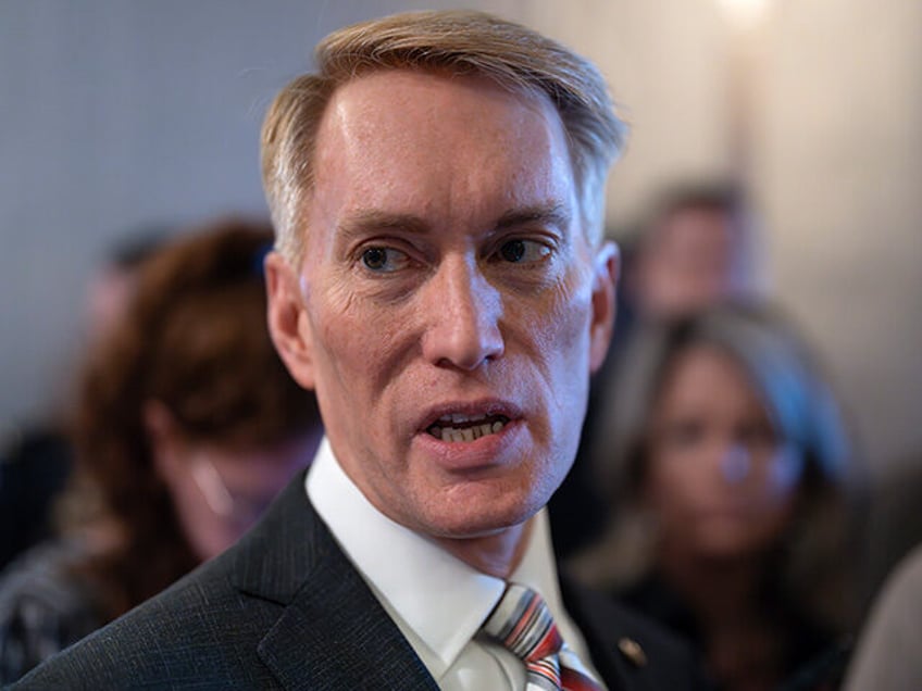 Sen. James Lankford, R-Okla., the lead GOP negotiator on a border-foreign aid package, speaks with reporters outside the chamber at the Capitol in Washington, Thursday, Jan. 25, 2024. Any bipartisan border deal could be doomed because of resistance from former President Donald Trump. (AP Photo/J. Scott Applewhite)