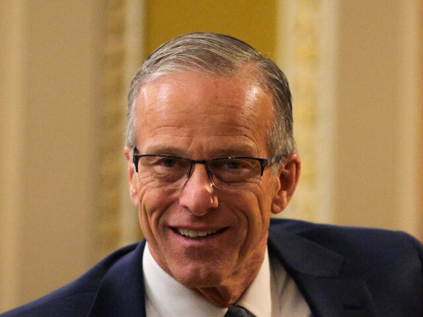 U.S. Senate Majority Leader John Thune (R-SD) speaks to press outside the Senate Chambers