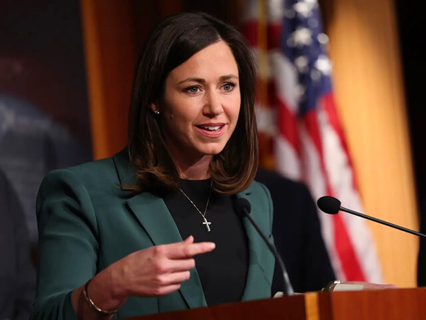 WASHINGTON, DC - DECEMBER 07: U.S. Sen. Katie Britt (R-AL) speaks at a press conference on