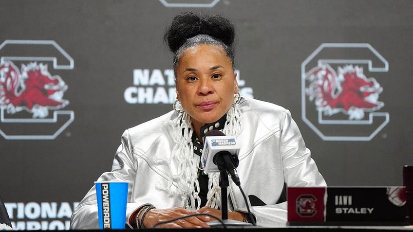 Dawn Staley at the podium