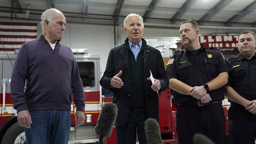 Biden at fire station with Sen. Casey to his right