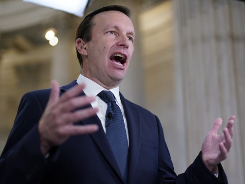 Sen. Chris Murphy, D-Ct., speaks during a morning television interview, Wednesday, May 25, 2022 on Capitol Hill in Washington. Murphy took to the Senate floor Tuesday and demanded that lawmakers accomplish what they failed to do after 20 children, mostly 6 or 7 years old, and six educators in Newtown, Connecticut died on Dec. 14, 2012.