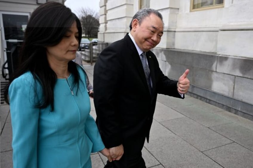 Taiwan's new de facto ambassador to the US, Alexander Tah-ray Yui, and his wife Karen Lo a